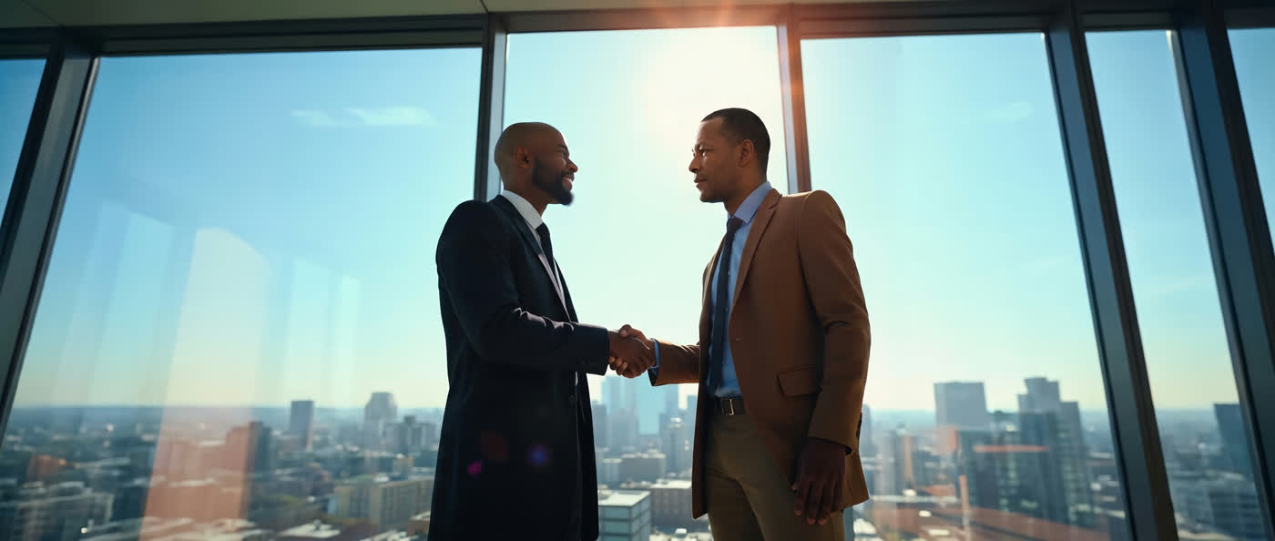Two figures shaking hands before a floor-to-ceiling window overlooking a city skyline.