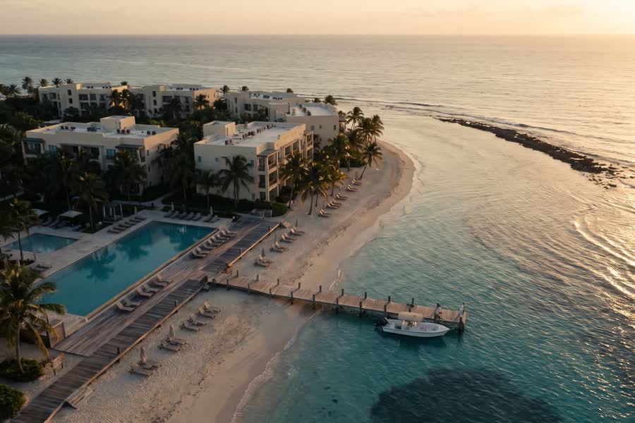 Beachfront resort on a turquoise Caribbean bay, pool terrace and jetty at first light.