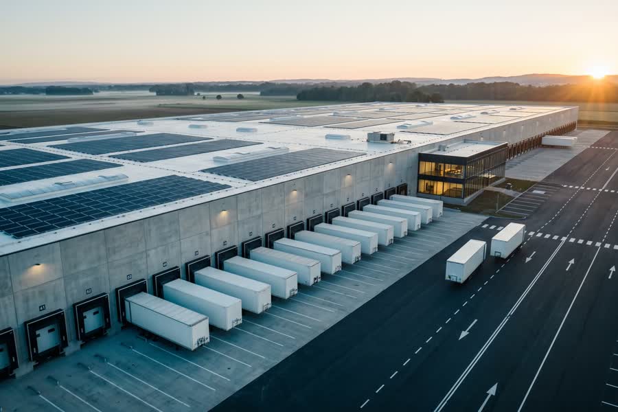 Distribution centre at dawn, trailers docked along a numbered loading bay beneath a rooftop solar array.