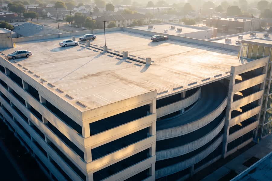 Multi-storey parking structure with an exposed helical ramp, morning light across its concrete decks.