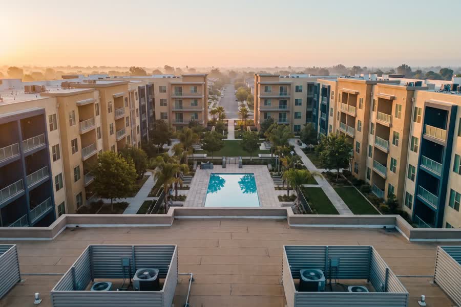 Multifamily development arranged around a landscaped courtyard and pool at sunrise.