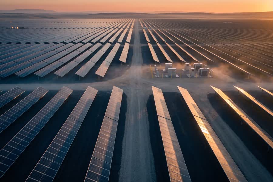 Utility-scale photovoltaic array at first light, rows converging toward a substation yard.